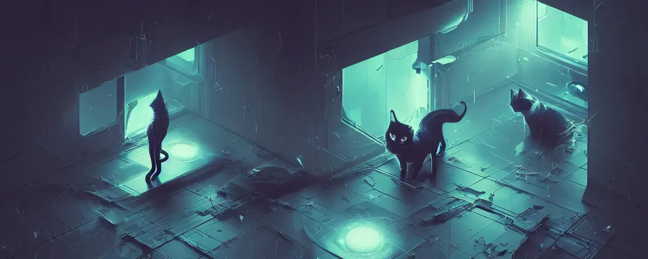 Image similar to duotone noir scifi concept dynamic illustration of 3 d mesh of cat inside box floating zero gravity glowing 3 d mesh quantum portals, glowing eyes, octane render, surreal atmosphere, volumetric lighting. accidental renaissance. by sachin teng and sergey kolesov and ruan jia and heng z. graffiti art, scifi, fantasy, hyper detailed. trending on artstation