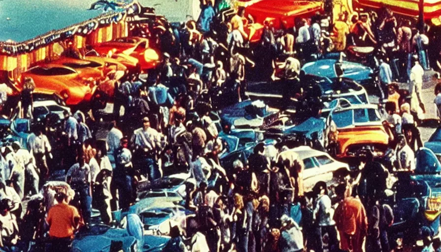 Image similar to 1975 color! movie about cops and police cars raiding a carnival.