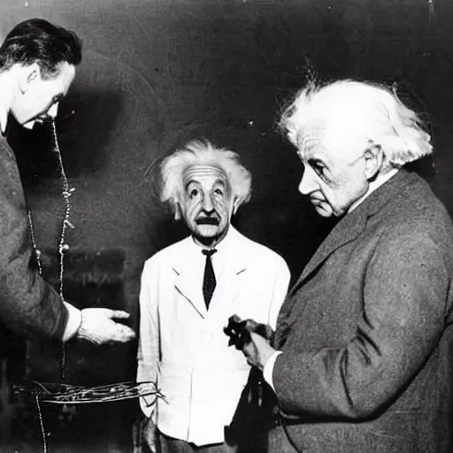 Prompt: Albert Einstein inspecting the first atomic bomb prior to detonation. 1940's photograph