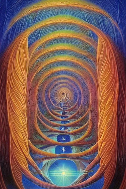 Prompt: staircase towards a otherworldly sacred geometry entrance into another universe, majestic occult gates, magical weird, strange fantastic, cyberpunk, by octavio ocampo