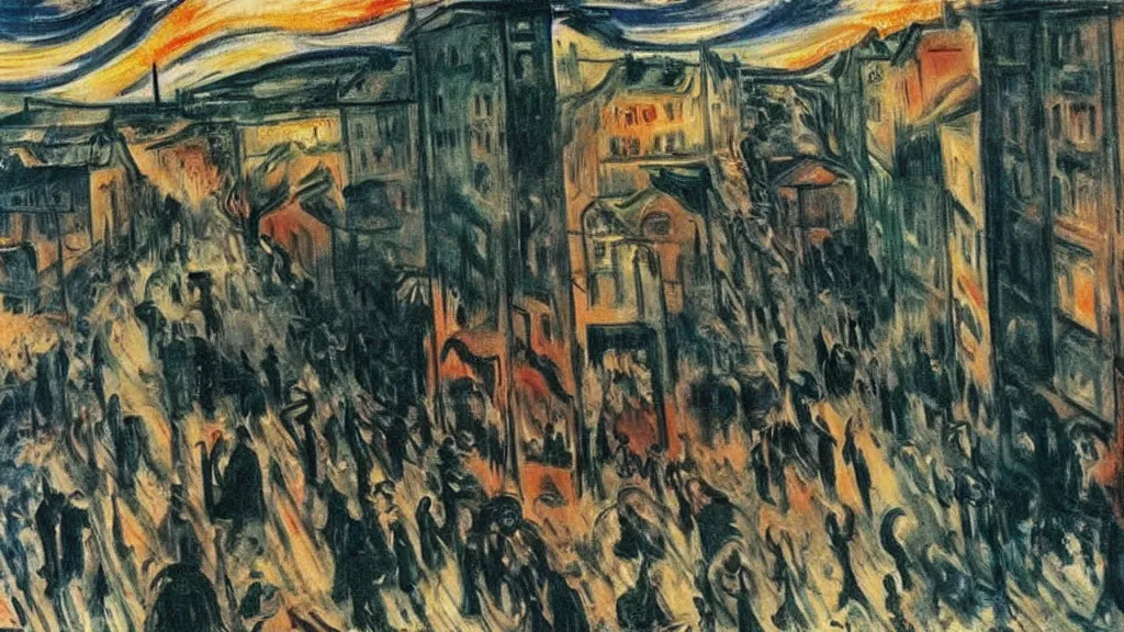 Image similar to a town being bombed on market sunday, tragic painting by edvard munch