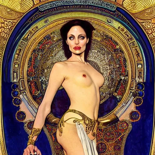 Image similar to realistic detailed dramatic symmetrical portrait of Angelina Jolie as Salome dancing, wearing an elaborate jeweled gown, by Alphonse Mucha and Gustav Klimt, gilded details, intricate spirals, coiled realistic serpents, Neo-Gothic, gothic, Art Nouveau, ornate medieval religious icon, long dark flowing hair spreading around her