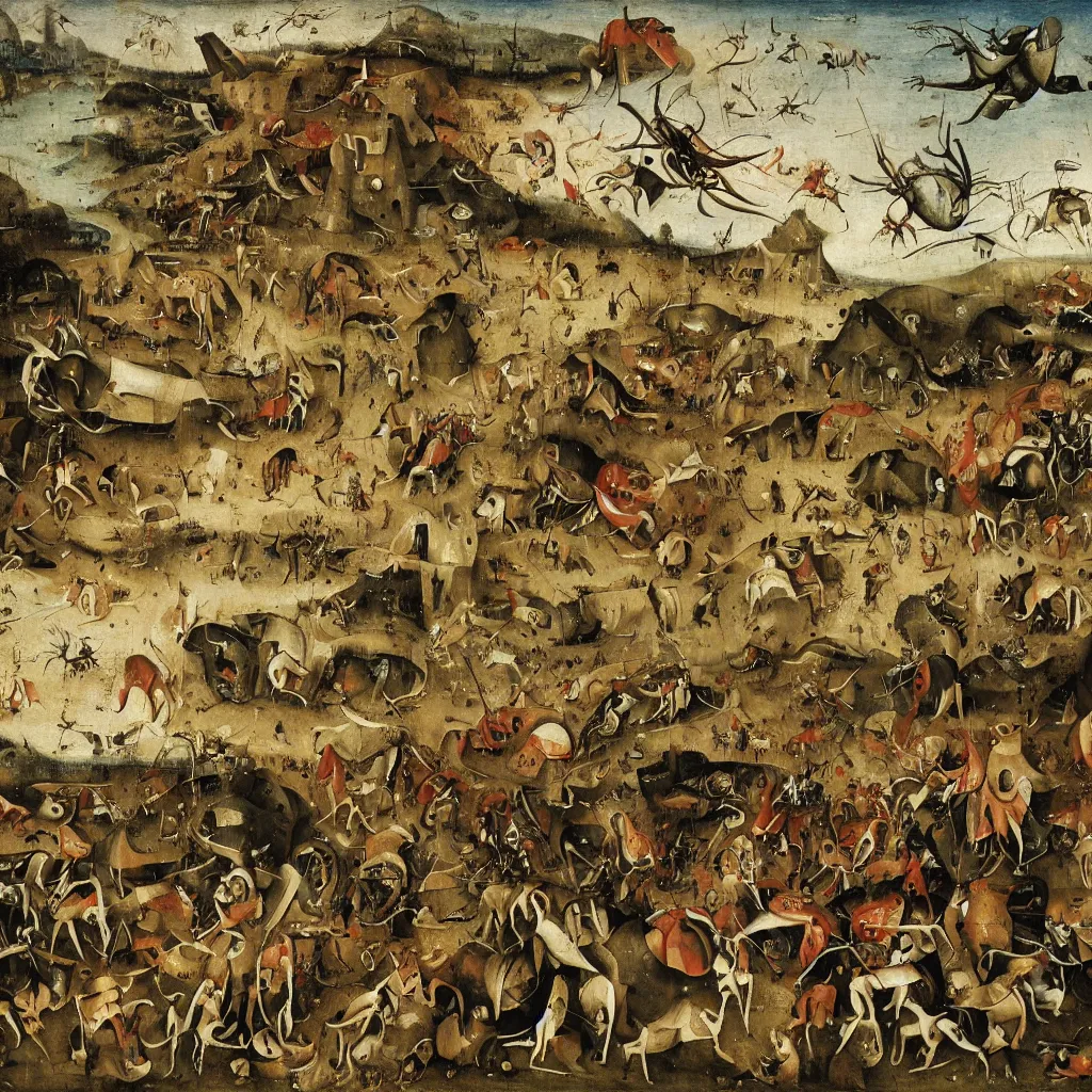 Image similar to xv century painting, boston dynamics robots fighting with giant insects, epic battlescene, 4 k, detailed, art by hieronymus bosch