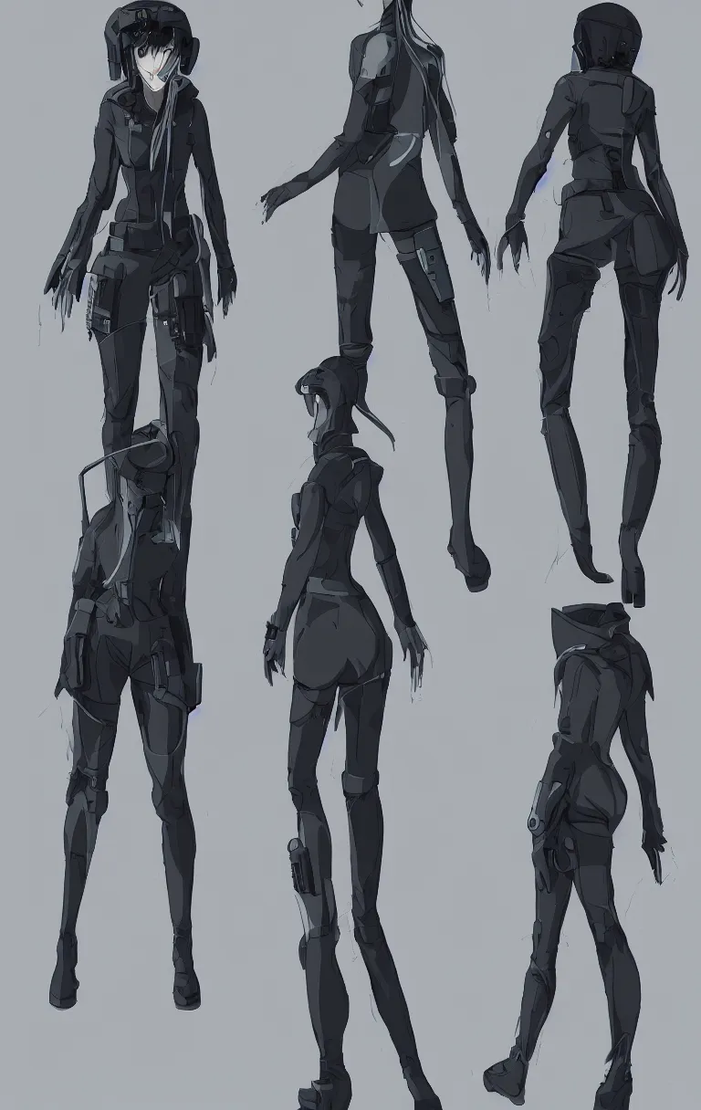 Prompt: a female anime cyberpunk dream police detective, character concept exploration, concept art, inspired by ergo proxy and ghost in the shell, clear outfit design, techwear, trending on artstation, clear shapes, clean edges, full body