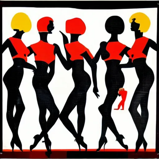 Image similar to stylish 1960s pop art by Evelyne Axell, luscious dancers in silhouette with bold geometric patterns