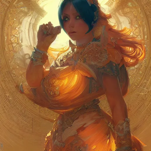 Image similar to fat orange cat, D&D, fantasy, intricate, elegant, highly detailed, digital painting, artstation, octane render, concept art, matte, sharp focus, illustration, hearthstone, art by Artgerm and Greg Rutkowski and Alphonse Mucha