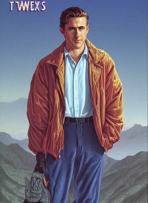 Image similar to twin peaks poster art, by michael whelan, rossetti bouguereau, artgerm, retro, nostalgic, old fashioned, 1 9 8 0 s teen horror novel cover, book, ryan gosling in letterman jacket small town being hunted