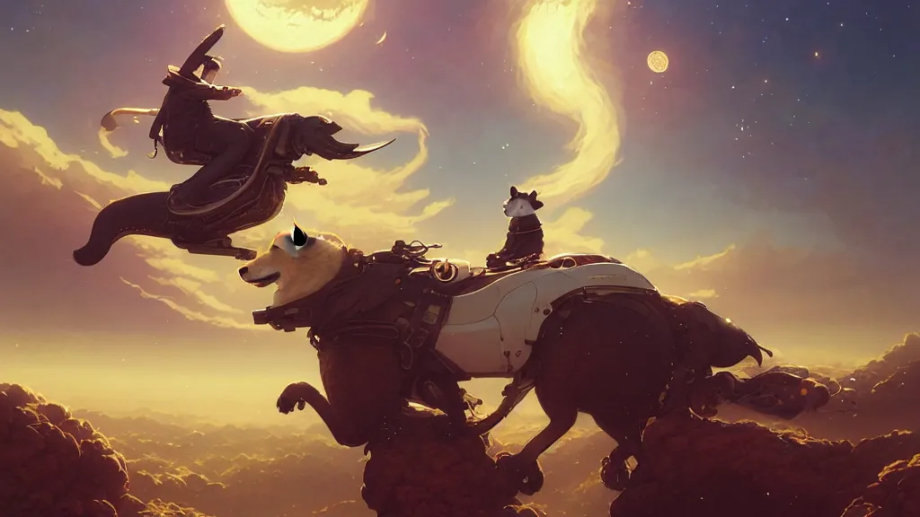 Image similar to Highly detailed portrait of Elon musk riding a shiba inu, Stephen Bliss, unreal engine, fantasy art by Greg Rutkowski, Loish, Rhads, ferdinand knab, Makoto Shinkai and Lois van baarle, ilya kuvshinov, rossdraws, Tom Bagshaw, alphonse mucha, global illumination, radiant light, detailed and intricate environment