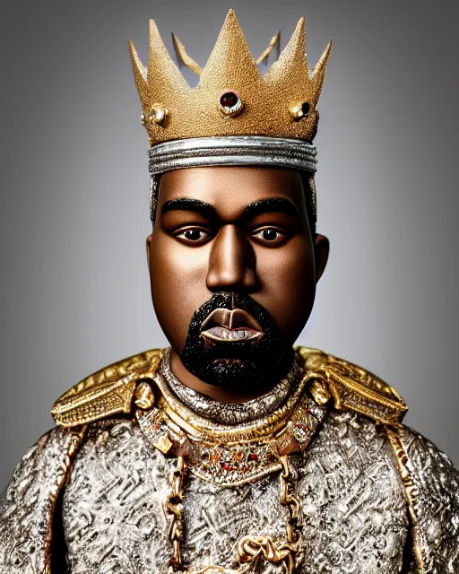 Image similar to highly detailed closeup, face profile portrait of a tin toy kanye west as a fairytale king wearing a crown and sitting on a throne, robes, depth of field, nicoletta ceccoli, mark ryden, lostfish, max fleischer, breathtaking, detailed and intricate environment, 8 k resolution, hyperrealistic, octane render