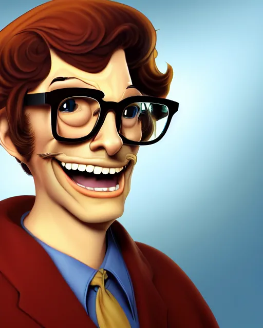 Prompt: pleasant, grinning, nerdy man character portrait, dark auburn wavy hair, full beard, glasses without frames, freckles, by don bluth, highly detailed, dynamic shadows, 4 k, wallpaper - 1 0 2 4
