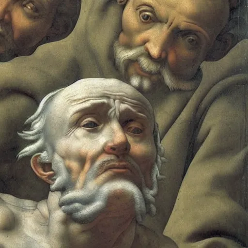 Prompt: scared man looking up, high detail painting by michelangelo