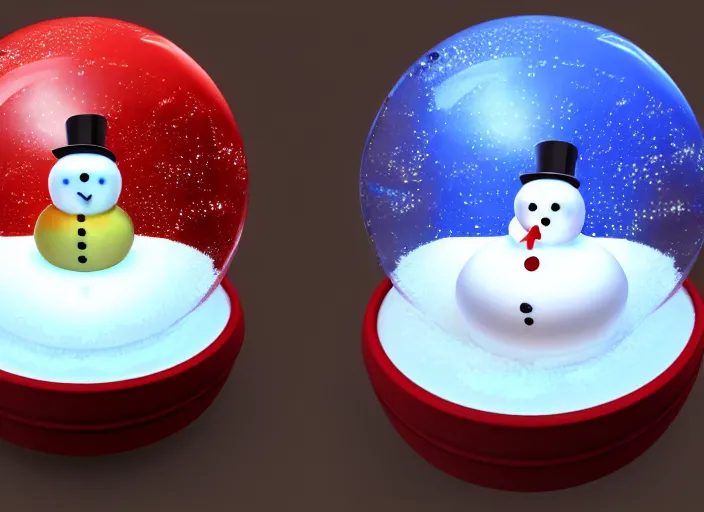 Prompt: 3d render of a broken snow globe that has a tiny smiling snowman in it. Artistic colorful lighting, trending on artstation