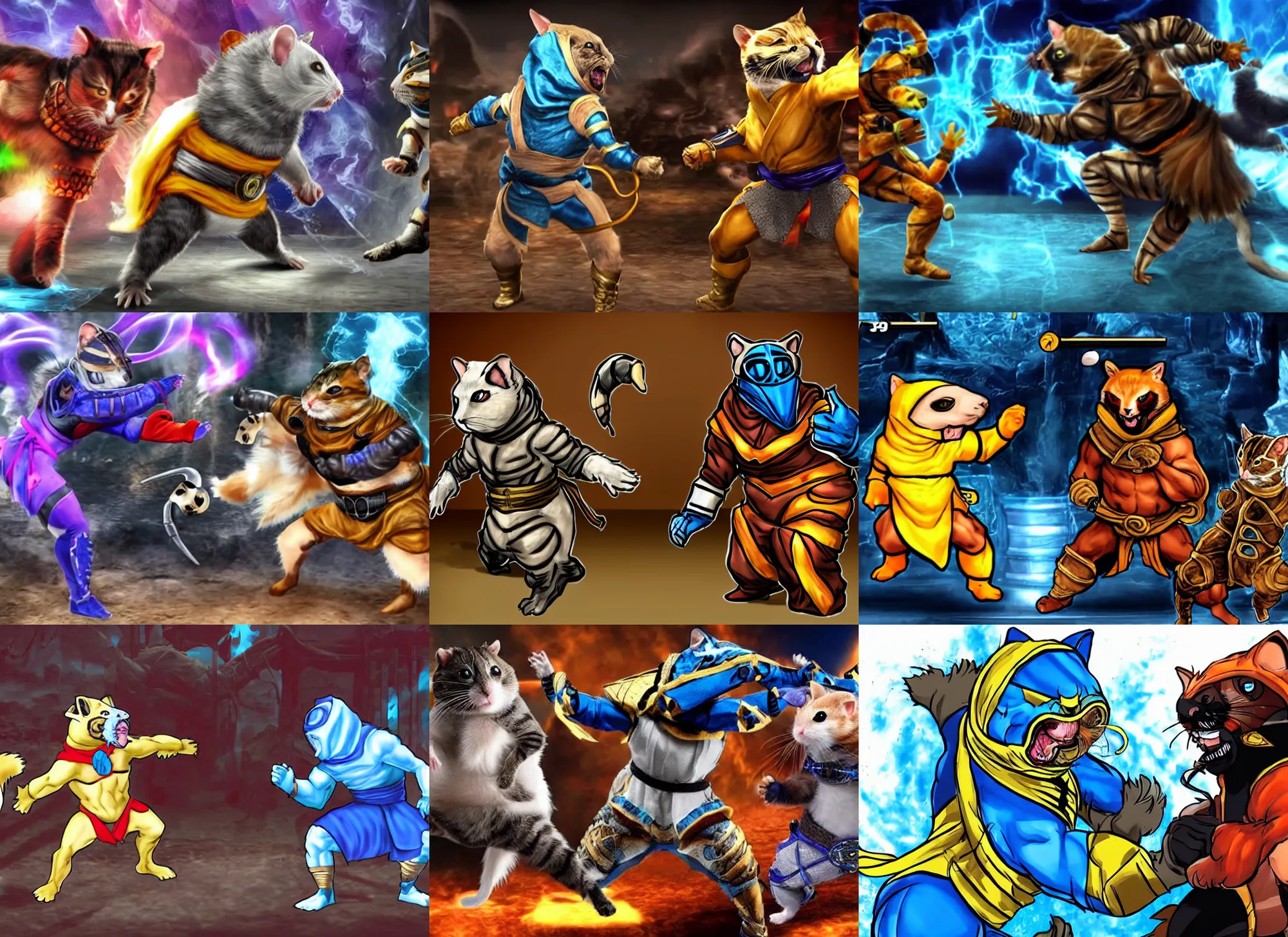 Prompt: hamster dressed as sub - zero fights a cat dressed as scorpion in mortal kombat laughing shao kahn background