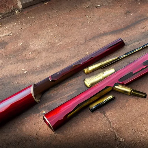 Prompt: a shotgun made from glossy red - painted wood and elements of gold metalwork