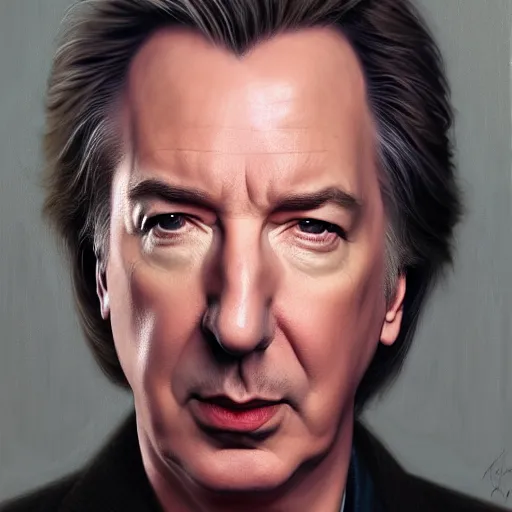 Image similar to portrait of Alan Rickman, detailed, centered, digital painting, artstation, concept art, by donato giancola, Sean Yoro, Greg Rutkowski, trending on Artstation, Joseph Christian Leyendecker, WLOP, Boris Vallejo, dark, moody, foggy