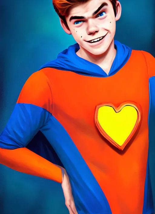 Image similar to friendly teenage archie andrews wearing an orange superhero costume with heart logo, heart, freckles, blue cape, heart emblem on chest, blue cape, intricate, elegant, glowing lights, highly detailed, digital painting, artstation, sharp focus, illustration, art by wlop, mars ravelo and greg rutkowski