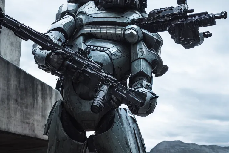 Image similar to vfx movie closeup, sci - fi super soldier in worn military futuristic armor, posing with futuristic rifle in alien technology temple, master chief by emmanuel lubezki