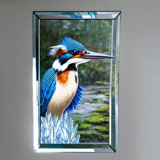 Image similar to wall art of a real life kingfisher made out of reflective crystal and very reflective polished metal, in the background is a forest, product photography