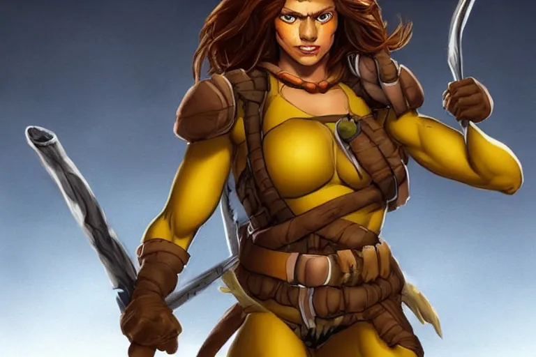 Image similar to beautiful and strong female warrior character brown hair april o ’ neil from teenage mutant ninja turtles ( tmnt 1 9 8 7 ), by boris valejo and frank franzetta, trending on artstation!