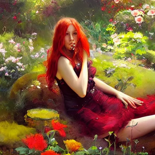 Prompt: a beautiful red haired woman in a garden, beautiful painting by raymond swanland