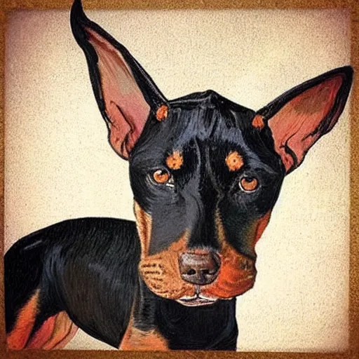 Image similar to “black and tan Doberman with floppy rabbit ears, by Vincent Van Gogh”