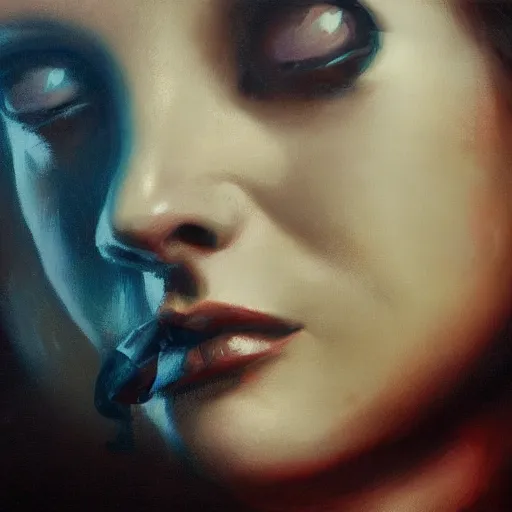 Image similar to detailed face of a woman, clockwork, moment, tectonic sky, skydome, bullet train, turbines, utopian, tech noir, wet reflections, prism, atmospheric, ambient, nick alm, casey baugh, pj crook, syd mead, livia prima, edward hopper