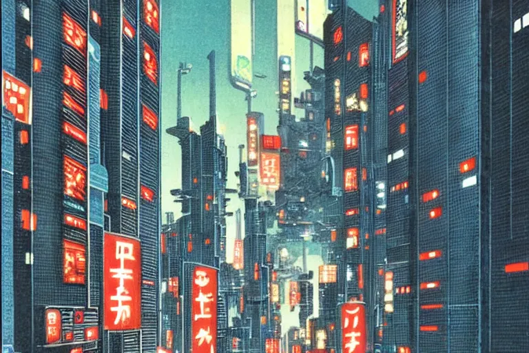 Prompt: 1 9 7 9 omni magazine cover of nakagin capsule tower with neo - tokyo streets behind it in cyberpunk style by vincent di fate