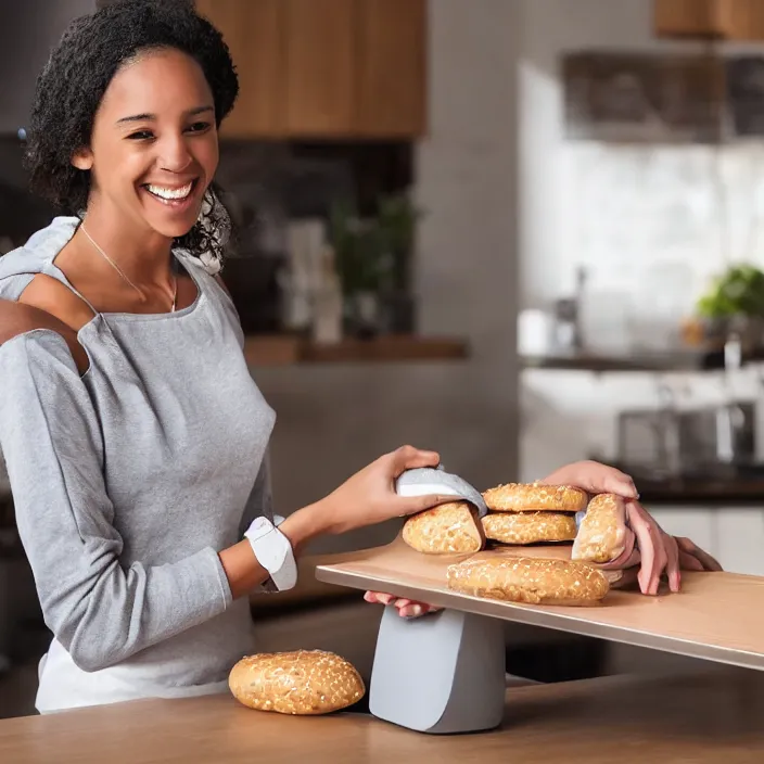 Image similar to a woman that is extremely happy about a young woman receiving her new bagel slicer from the future in the mail from amazon, 8 k,