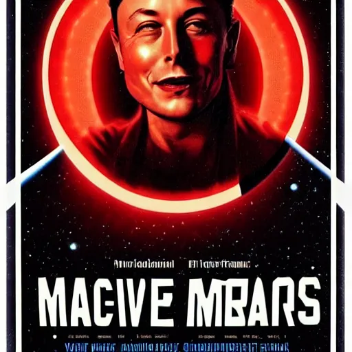 Image similar to movie poster of elon musk as a villain who looks at the planet mars with a macabre smile, his face is illuminated with a red light, drew struzan style