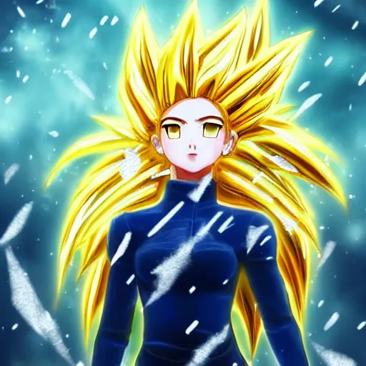 Image similar to portrait focus of Super Saiyan beautiful 3D anime girl!!! Frozen ice!! dark forest background, snowing, bokeh, inspired by Masami Kurumada, digital painting, high contrast, unreal engine render, volumetric lighting, high détail