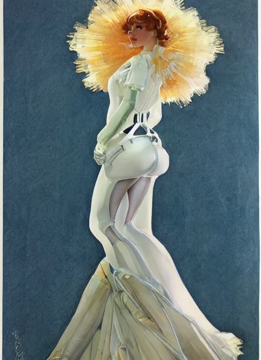 Prompt: a copic maker art nouveau portrait of a real russian model girl detailed features wearing a puffy futuristic weeding dress and a latex suit designed by balenciaga by john berkey, norman rockwell akihiko yoshida