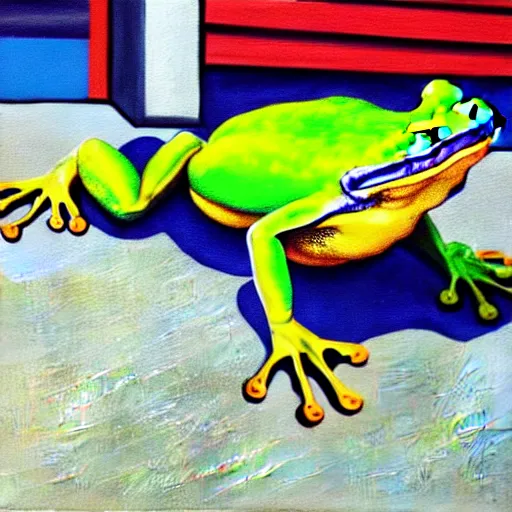 Image similar to painting of a bipedal frog walking away from the camera, down a busy street in los angeles, street vendors, palm trees,