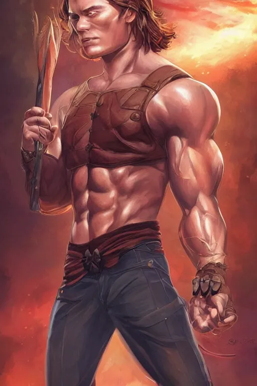 Prompt: muscular sam winchester as a mage in the cover of an acotar book. d & d!, fantasy style, sharp focus!, ultra detailed, art by artgerm, wlop, ilya kuvshinov