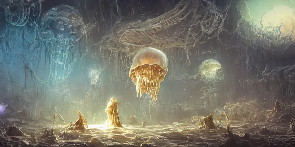 Prompt: concept art of giant translucent glowing jellyfishes, renaissance, divers helmet, lots of teeth, melting horror, round moon, rich clouds, fighting the horrors of the unknown, mirrors, very detailed, volumetric light, mist, grim, fine art, decaying, textured oil over canvas, epic fantasy art, very colorful, ornate, anato finnstark