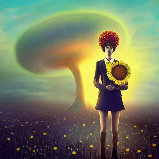 Prompt: giant daisy flower over head, frontal, girl in a suit, surreal photography, sunrise, dramatic light, impressionist painting, digital painting, artstation, simon stalenhag