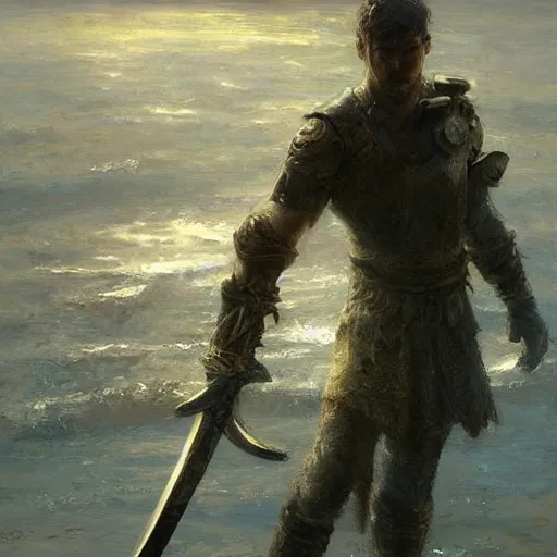 Prompt: a beautiful painting of a hand holding a sword, appearing out of water by james gurney and craig mullins