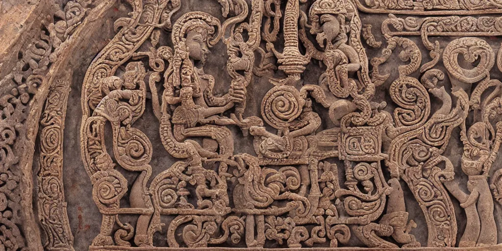 Prompt: detailed section of a decorative stone panel ornamented with vimana. Hindu artifact, 4K high quality museum collection photograph