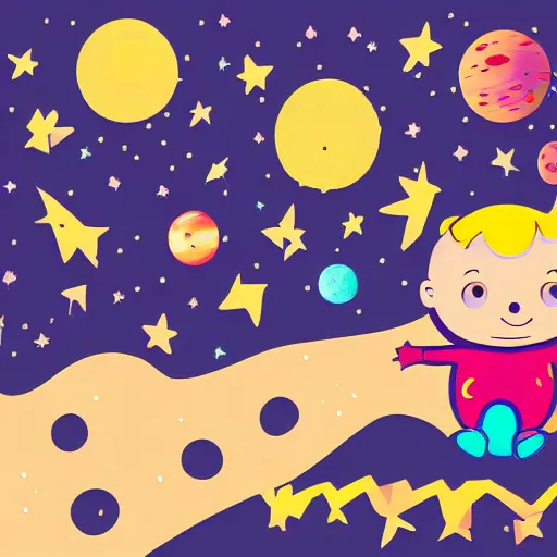 Prompt: lonley and gloomy baby in middle of space surrounded by colorful stars planets and galaxies, grainy design, high quality, 4 k, award winning