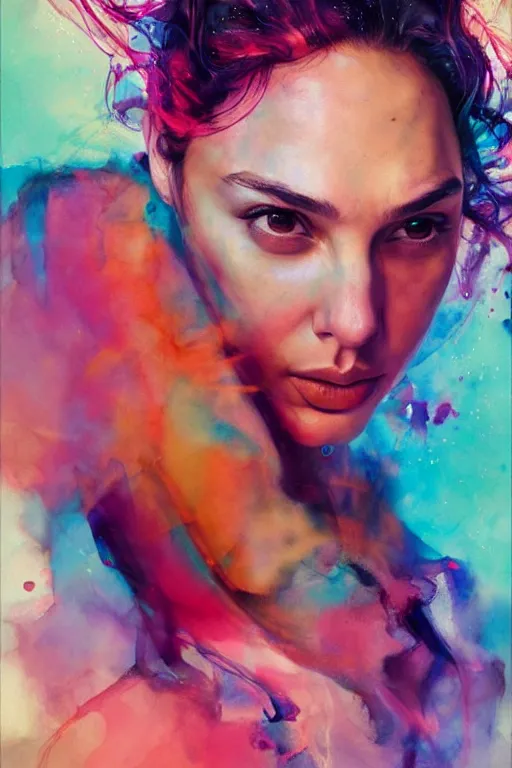 Image similar to gal gadot by agnes cecile enki bilal moebius, intricated details, sitting on table, full body portrait, extremely luminous bright design, pastel colours, drips, autumn lights