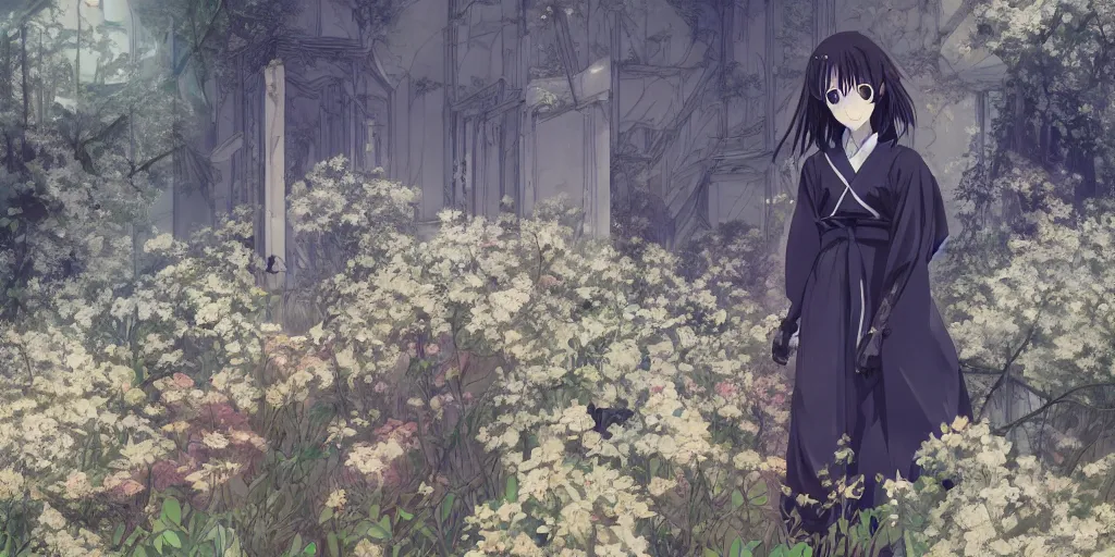 Image similar to anime kyoto animation key by greg rutkowski, perfectly detailed android hakama techwear in abandoned chapel with overgrown flowers and plants