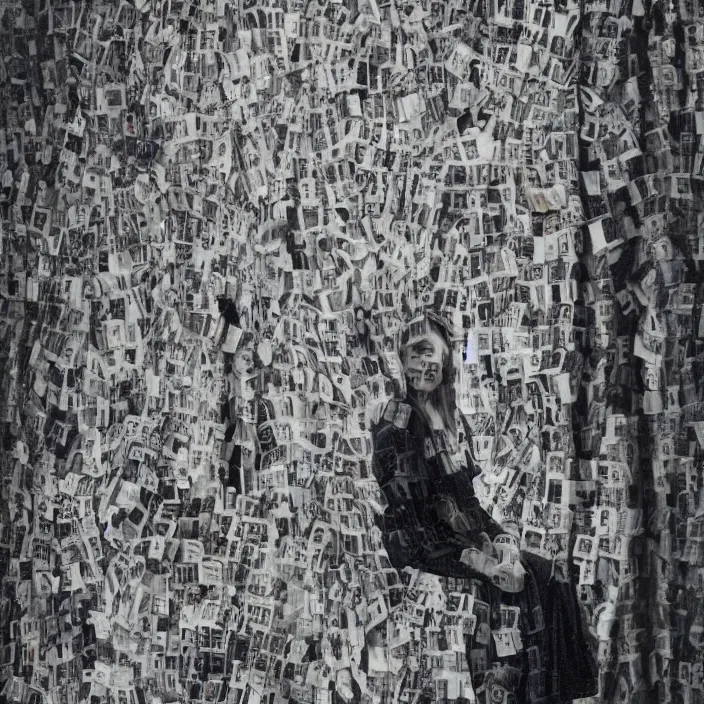 Prompt: a closeup portrait of a woman wearing a cloak made of photographs, staring at an empty swing, by vincent desiderio, canon eos c 3 0 0, ƒ 1. 8, 3 5 mm, 8 k, medium - format print