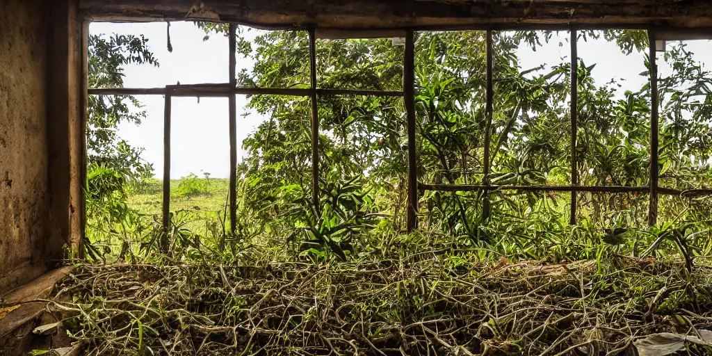 Prompt: abandoned sri lankan classroom, overgrown greenery, animals and insects, photography, evening sunset