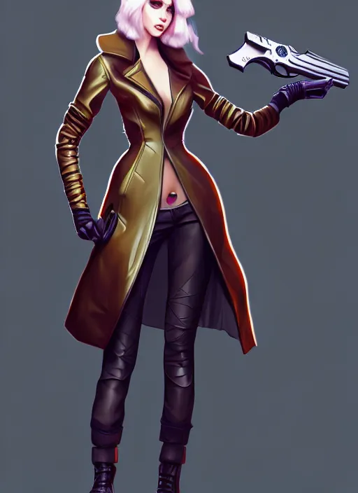 Prompt: beautiful girl in a futuristic coat, holding a revolver, character concept art, valorant game style, digital art, many details, high quality, 8 k