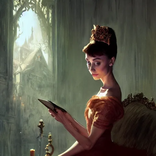 Image similar to audrey hepburn inside haunted mansion, various scenarios, looking for the way out, ghosts around, highly detailed, digital painting, artstation, art by gaston bussiere, greg rutkowski, j. c. leyendecker, robert hubert