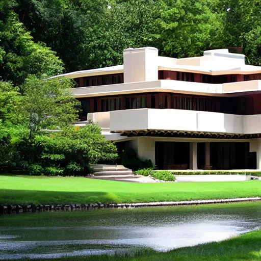 Prompt: large house in the style of Frank Lloyd Wright, like Fallingwater, painted as Seurat