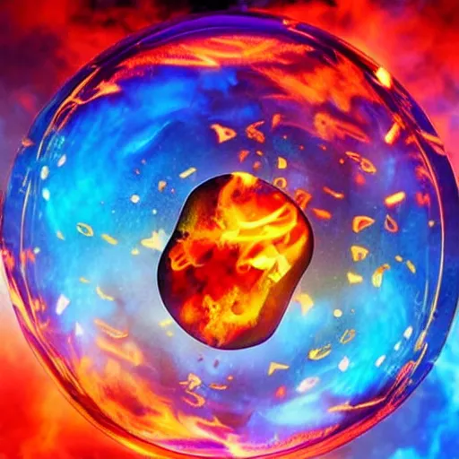 Image similar to soap bubble covered in fire flames, centered