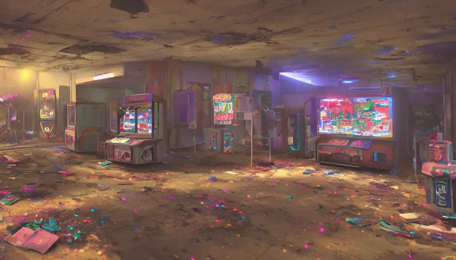 Prompt: abandoned 9 0's arcade room, cobwebs, dust, particles, dusty, arcade machines, hyperdetailed, artstation, cgsociety, 8 k