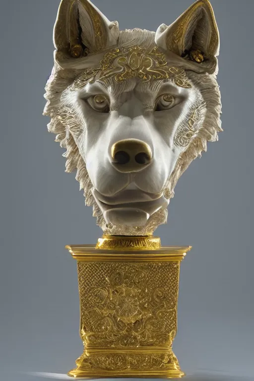 Image similar to a white marble bust of a wolf with gold filigree