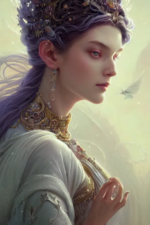 Image similar to highly detailed portrait of beautiful ethereal woman in ornate clothing, stephen bliss, unreal engine, fantasy art by greg rutkowski, loish, rhads, ferdinand knab, makoto shinkai and lois van baarle, ilya kuvshinov, rossdraws, tom bagshaw, global illumination, radiant light, detailed and intricate environment