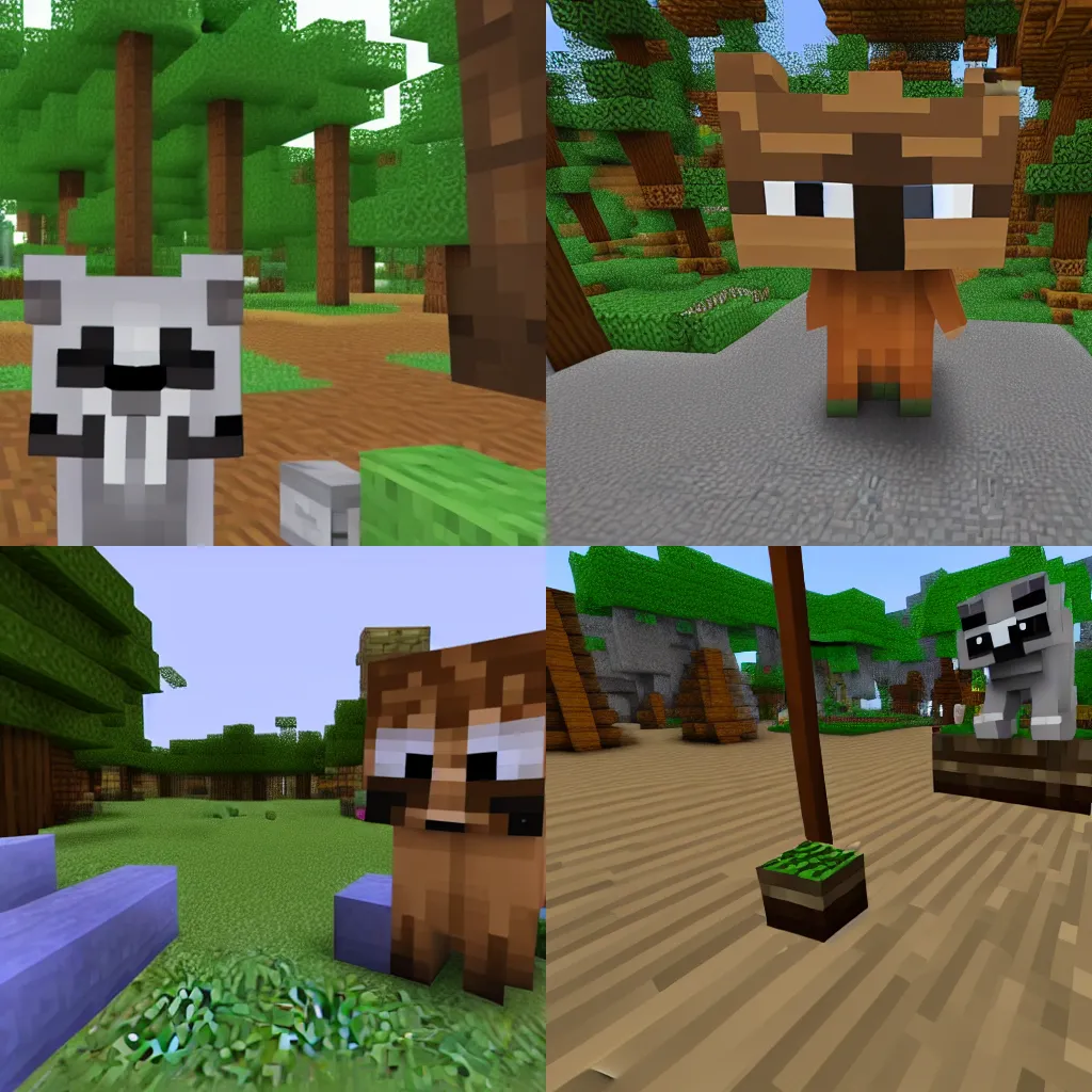 Prompt: a raccoon exploring in Minecraft